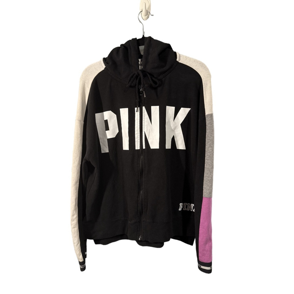 Victoria’s Secret PINK Full-Zip Hoodie Black Colorblock Logo Size M